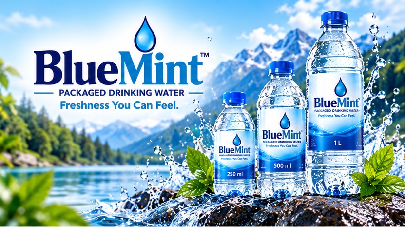 BlueMint brand hero and packaged drinking water bottles