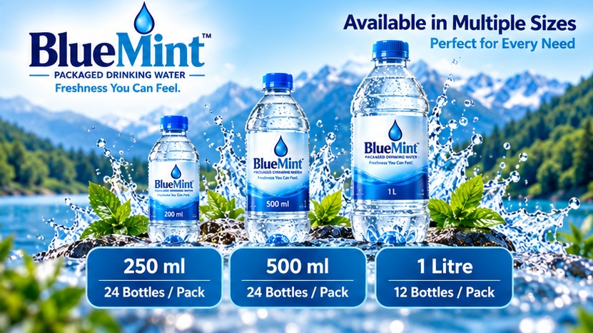 BlueMint water bottles in 250 millilitre, 500 millilitre and 1 litre sizes